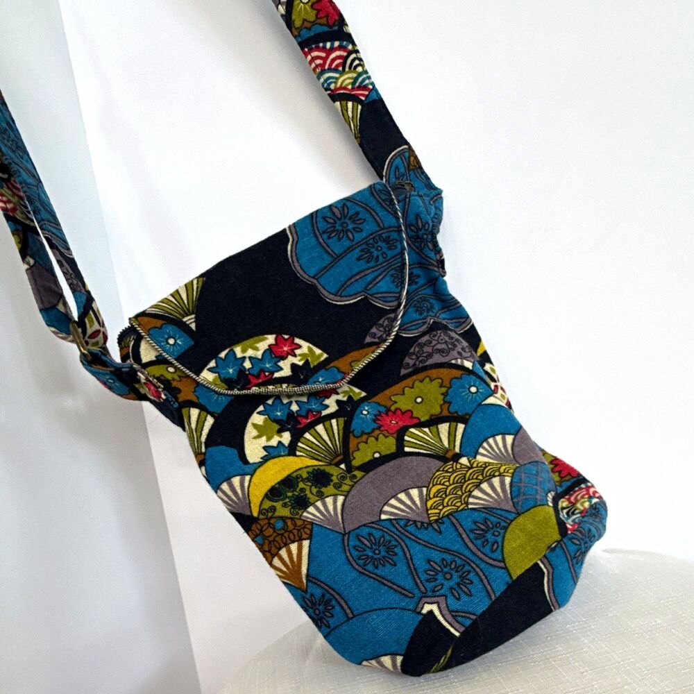 Boho Japanese Fan Print Canvas Crossbody Bag – Vibrant Blue & Green Print Purse